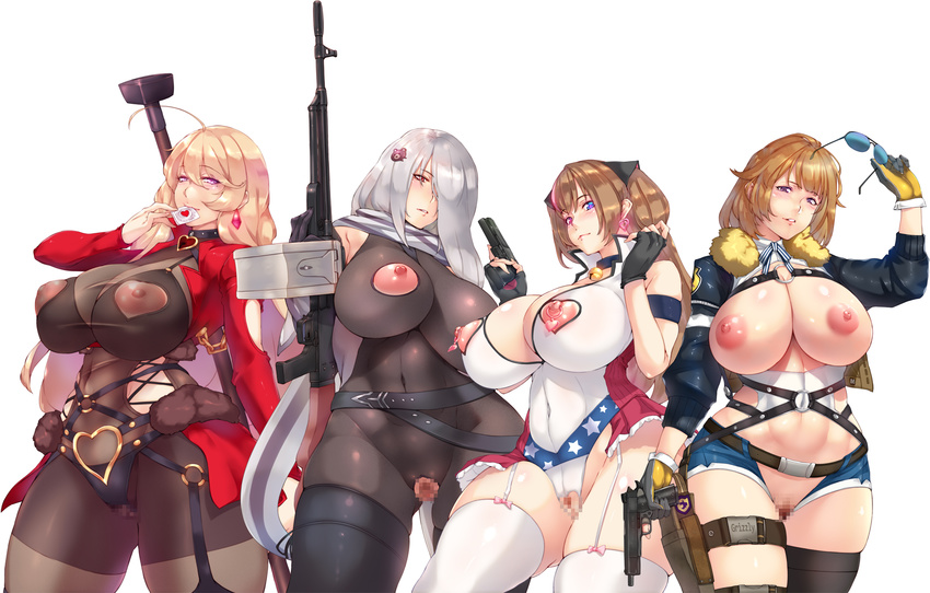 4girls areolae blonde_hair blue_eyes blush breasts breasts_outside brown_hair censored cleavage covered_navel curvy gun heterochromia huge_breasts long_hair looking_at_viewer multiple_girls nipple_piercing nipples parted_lips pk_(girls_frontline) puffy_nipples purple_eyes pussy red_eyes silver_hair smile standing thick_thighs thighhighs very_long_hair weapon wide_hips yui.h