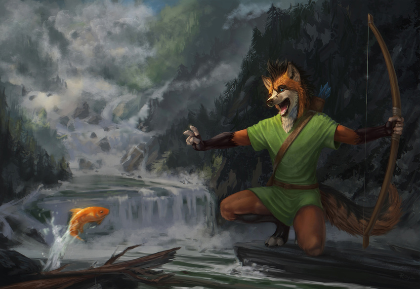 anthro arrow blue_eyes bow_(weapon) canine clothed clothing detailed_background fangs fish fox goldfish kneeling latex_(artist) male mammal marine mountain open_mouth outside outstretched_arms quiver ranged_weapon river rock saerro solo tongue tree tunic waterfall weapon
