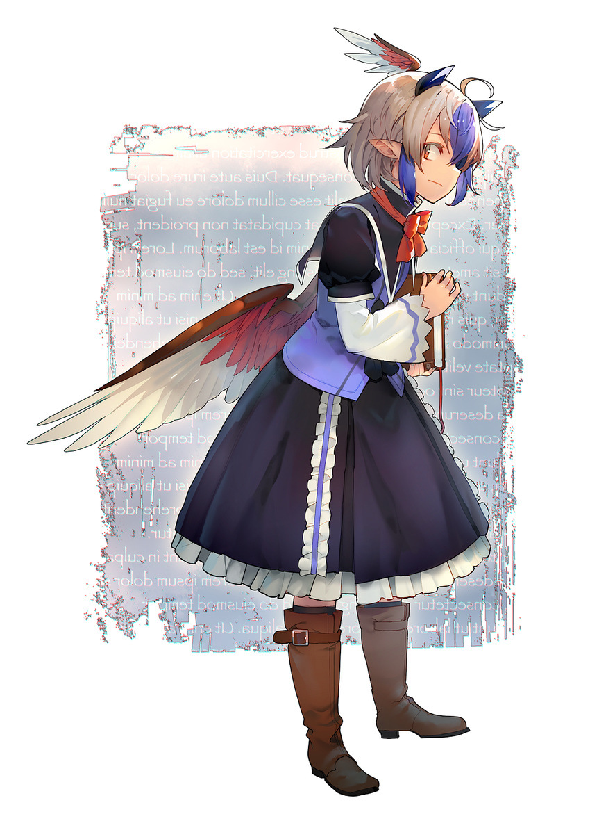 ahoge belt bird_wings blue_hair book boots bow bowtie brown_footwear dress eho_(icbm) from_side full_body head_wings highres holding holding_book long_sleeves multicolored_hair papyrus_(font) pointy_ears profile red_eyes silver_hair solo standing streaked_hair tokiko_(touhou) touhou wings