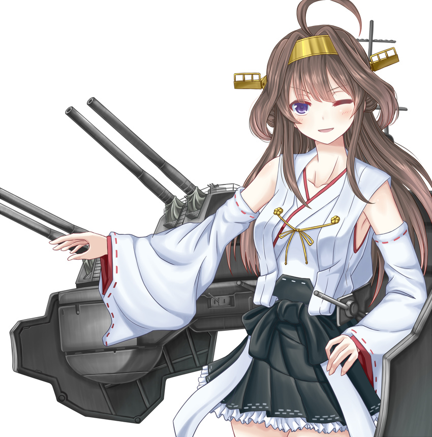 ahoge brown_hair cannon commentary_request detached_sleeves double_bun frilled_skirt frills hairband headgear japanese_clothes kantai_collection kongou_(kantai_collection) long_hair nontraditional_miko one_eye_closed purple_eyes remodel_(kantai_collection) ribbon-trimmed_sleeves ribbon_trim rigging simple_background skirt solo turret white_background yatsu_seisakusho yellow_hairband