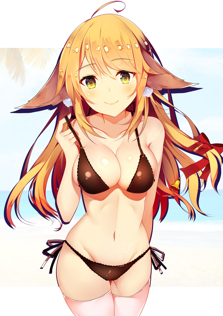 absurdres animal_ears bell blush bow breasts brown_hair cleavage closed_mouth collarbone eyebrows_visible_through_hair green_eyes hair_bow hair_ornament highres huaimeng large_breasts long_hair looking_at_viewer navel original red_bow smile solo thighhighs white_legwear