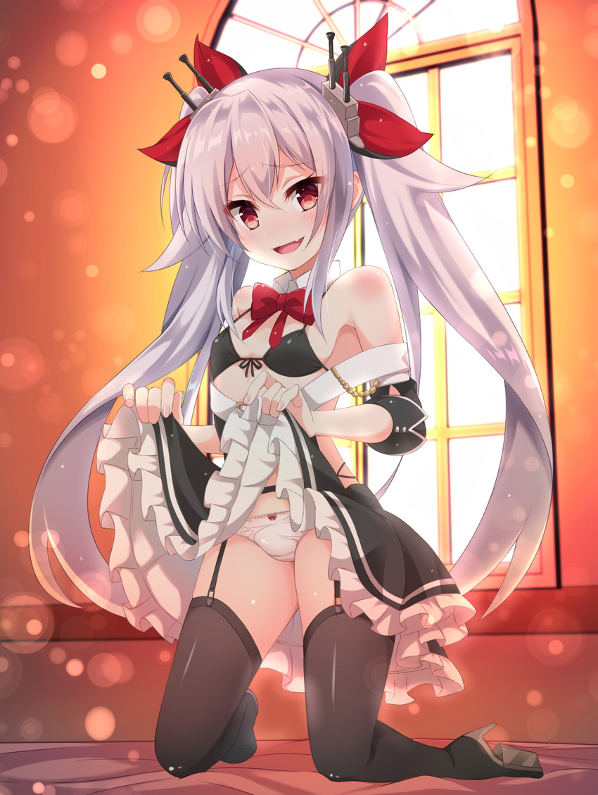 :d azur_lane bangs bare_shoulders black_bikini_top black_legwear blurry blush bokeh bow bowtie breasts commentary depth_of_field detached_collar fang frilled_skirt frills fukemachi garter_straps hair_between_eyes hair_bow hair_ornament high_heels highres kneeling light long_hair looking_at_viewer open_mouth panties red_eyes sidelocks silver_hair skirt skirt_lift small_breasts smile solo twintails underwear vampire_(azur_lane) very_long_hair window wing_collar