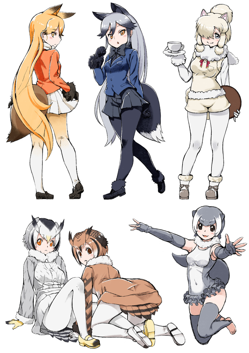 :&lt; absurdres alpaca_ears alpaca_suri_(kemono_friends) animal_ears barefoot bird_tail black_eyes black_gloves black_legwear black_neckwear black_skirt blonde_hair bow bowtie brown_eyes brown_hair chestnut_mouth covered_navel cup elbow_gloves eurasian_eagle_owl_(kemono_friends) extra_ears ezo_red_fox_(kemono_friends) fingerless_gloves fox_ears fox_tail fur-trimmed_sleeves fur_collar fur_trim gloves gradient_legwear grey_gloves grey_hair grey_legwear hair_over_one_eye head_wings highres holding holding_tray horizontal_pupils kemono_friends long_hair multicolored_hair multiple_girls northern_white-faced_owl_(kemono_friends) orange_eyes otter_ears otter_tail outstretched_arms pantyhose pleated_skirt saruchitan short_hair silver_eyes silver_fox_(kemono_friends) simple_background skirt small-clawed_otter_(kemono_friends) stirrup_legwear tail teacup thighhighs toeless_legwear tray very_long_hair white_background white_hair white_legwear white_skirt
