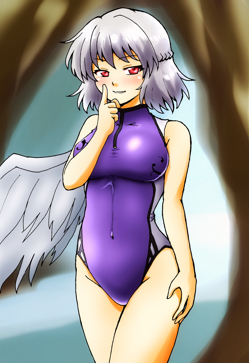 absurdres blush braid breasts cave d-m_(dii_emu) feathered_wings finger_to_mouth french_braid hand_on_leg highres kishin_sagume large_breasts one-piece_swimsuit purple_swimsuit red_eyes short_hair single_wing smile solo standing swimsuit touhou water white_hair white_wings wings zipper