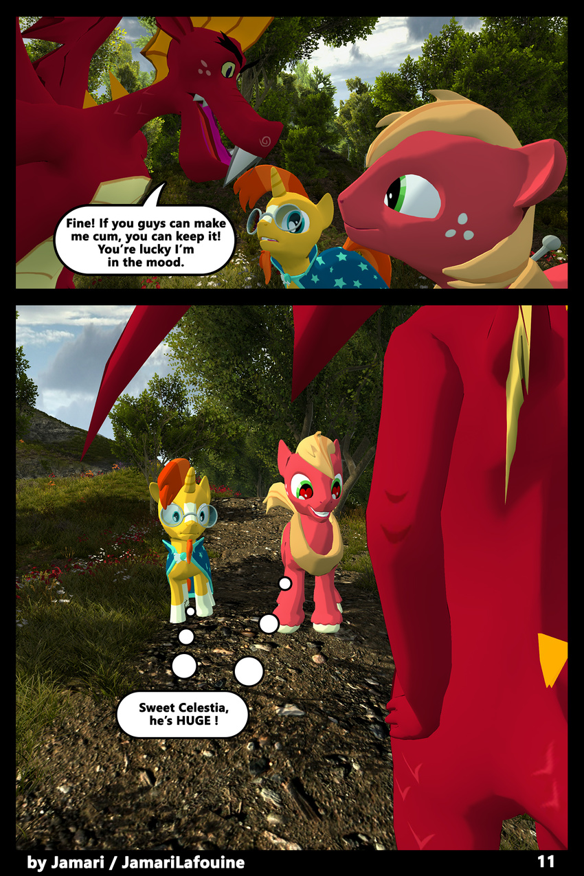 2017 3d_(artwork) anthro big_macintosh_(mlp) clothing comic dialogue digital_media_(artwork) dragon earth_pony equine exposing eyewear forest friendship_is_magic garble_(mlp) glasses grin hair hi_res horn horse jamari male mammal membranous_wings multicolored_hair my_little_pony open_mouth outside pony scales scalie smile sunburst_(mlp) teeth text tree wings
