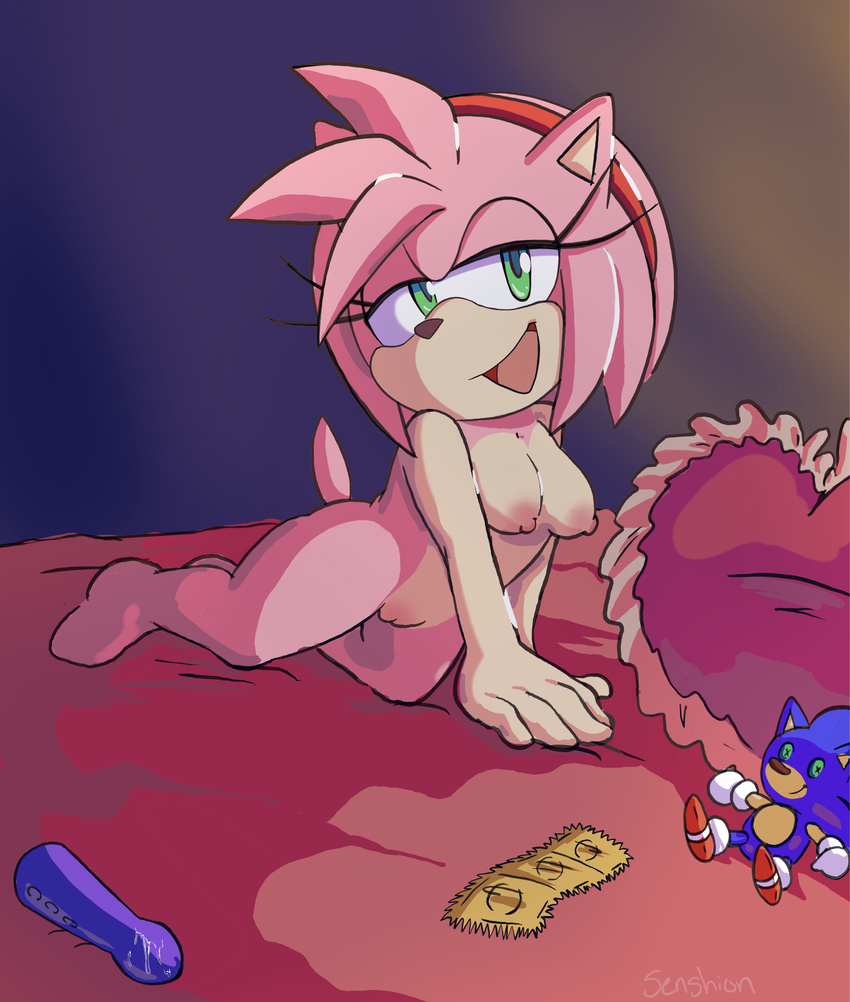 absurd_res all_fours amy_rose areola bed bedroom bedroom_eyes breasts condom dildo eyelashes female gradient_background green_eyes half-closed_eyes hedgehog hi_res mammal nipples nude on_bed pillow plushie pussy pussy_juice seductive senshion sex_toy simple_background smile sonic_(series) sonic_the_hedgehog