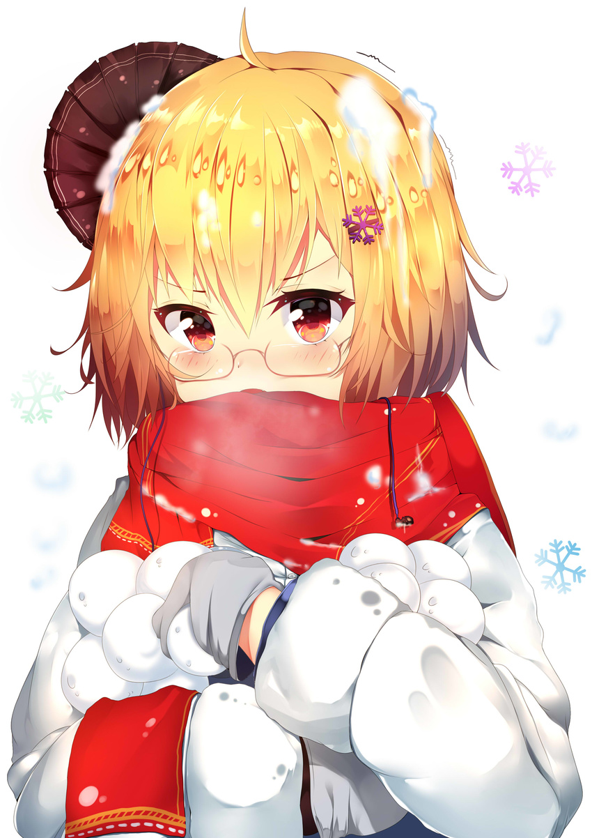 absurdres ahoge blonde_hair eyebrows_visible_through_hair glasses hair_ornament highres huaimeng long_sleeves looking_at_viewer mittens open_mouth original red_eyes red_scarf scarf short_hair snowball snowflake_hair_ornament snowflakes solo upper_body