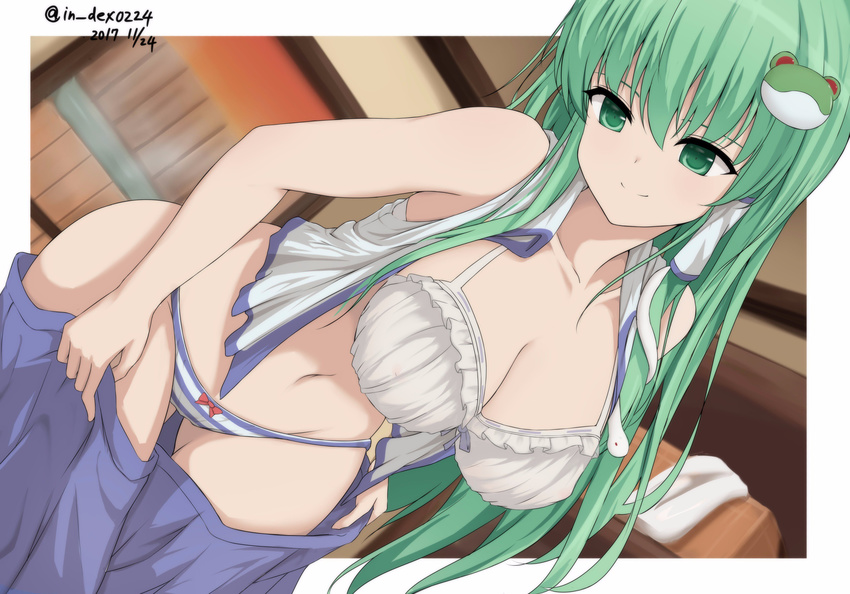 absurdres bad_id bad_twitter_id bare_arms bare_shoulders blue_skirt bow bow_panties bra breasts cleavage commentary_request dutch_angle frog_hair_ornament furiruno green_eyes green_hair hair_ornament highres indoors kochiya_sanae large_breasts long_hair navel panties skirt smile snake_hair_ornament solo striped striped_legwear touhou underwear undressing white_bra
