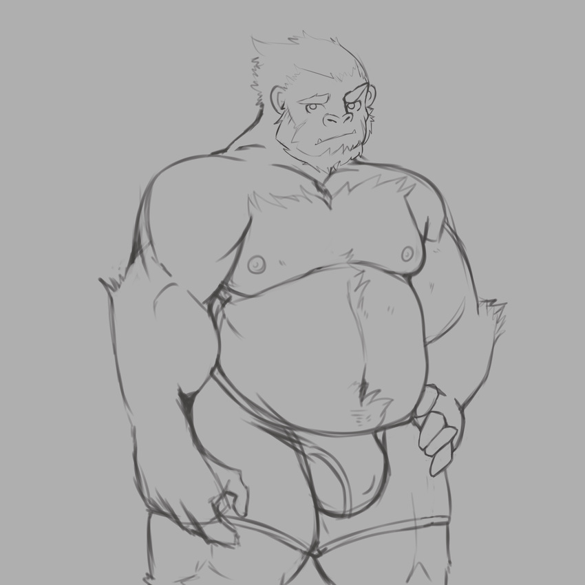 ape at black_and_white bulge clothed clothing gorilla hand_on_hip looking_at_viewer male mammal monochrome nipples primate sketch solo topless underwear ursso viewer