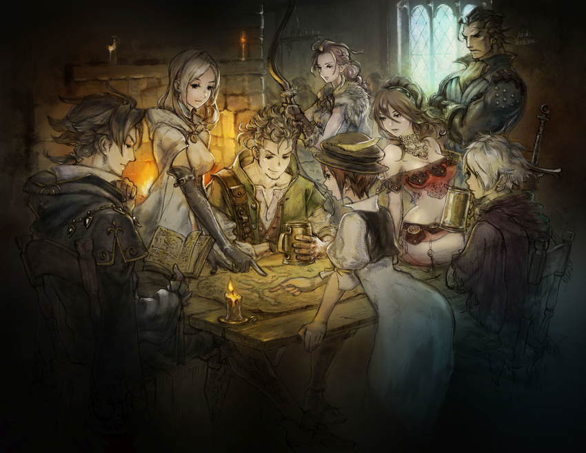 4girls absurdres alfyn_(octopath_traveler) blonde_hair brown_hair candle cyrus_(octopath_traveler) everyone fireplace h'aanit_(octopath_traveler) highres ikusy map multiple_boys multiple_girls octopath_traveler official_art olberic_eisenberg ophilia_(octopath_traveler) pointing primrose_azelhart square_enix sword table therion_(octopath_traveler) tressa_(octopath_traveler) weapon