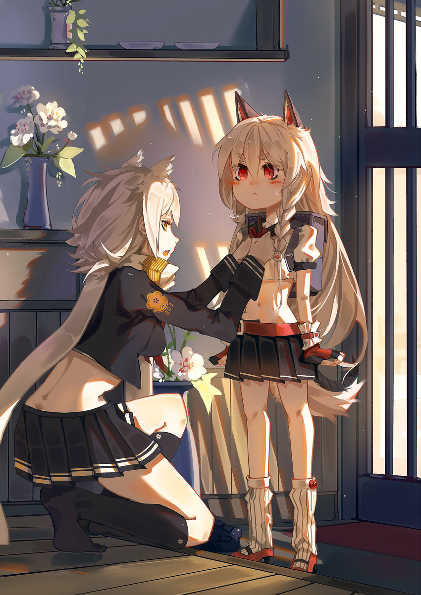 &gt;:&lt; :&lt; absurdres adjusting_bow adjusting_clothes animal_ears azur_lane backpack bag black_skirt blush bow braid butt_crack closed_mouth clothes_writing commentary crop_top cropped_jacket dressing_another fingerless_gloves flower forte full_body gloves height_difference highres indoors kneehighs long_hair long_sleeves looking_at_another maya_(azur_lane) midriff miniskirt multiple_girls navel one_knee open_mouth pleated_skirt red_eyes scarf school_uniform short_eyebrows short_sleeves single_braid skirt standing tail talking vase very_long_hair white_hair white_scarf wolf_ears wolf_tail yellow_eyes yuudachi_(azur_lane)