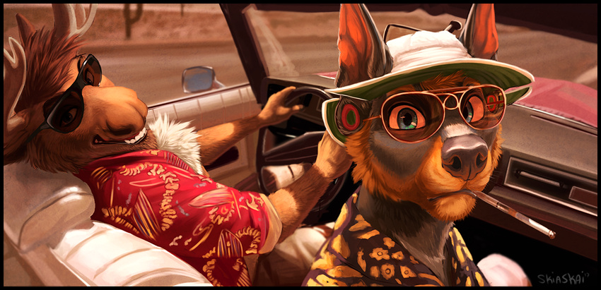 2017 anthro canine car cervine cigarette clothed clothing day detailed_background dog driving duo eyewear fear_and_loathing_in_las_vegas fully_clothed grin hat looking_at_viewer looking_back male mammal moose outside signature skiaskai smile sunglasses vehicle