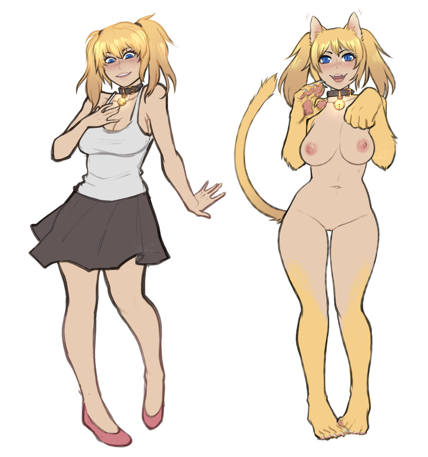 animal_humanoid bell_collar blonde_hair blue_eyes breasts cat clothing collar feline female hair happy human humanoid mammal navel nipples nude pussy signature simple_background skirt solo standing transformation unknown_artist unknown_artist_signature white_background