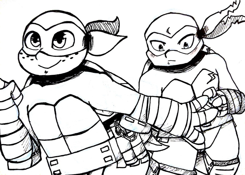 2017 anthro bandanna blush chipped_shell clothed clothing duo elbow_pads freckles hand_wraps inkyfrog knee_pads male mask michelangelo_(tmnt) raphael_(tmnt) reptile scalie shell simple_background smile spot_color teenage_mutant_ninja_turtles turtle white_background wraps wrist_wraps