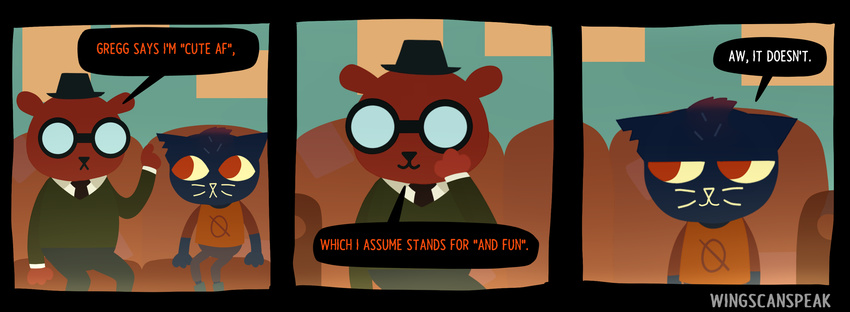 0 :3 angus_(nitw) anthro bear cat clothed clothing cute daww dialogue duo dyed_fur english_text eyewear fedora feline footwear fur half-closed_eyes hat humor inside logo mae_(nitw) mammal necktie night_in_the_woods notched_ear null_symbol pants parody shirt sitting smile sofa speech_bubble sweater symbol t-shirt text top_hat undershirt video_games whiskers wingscanspeak