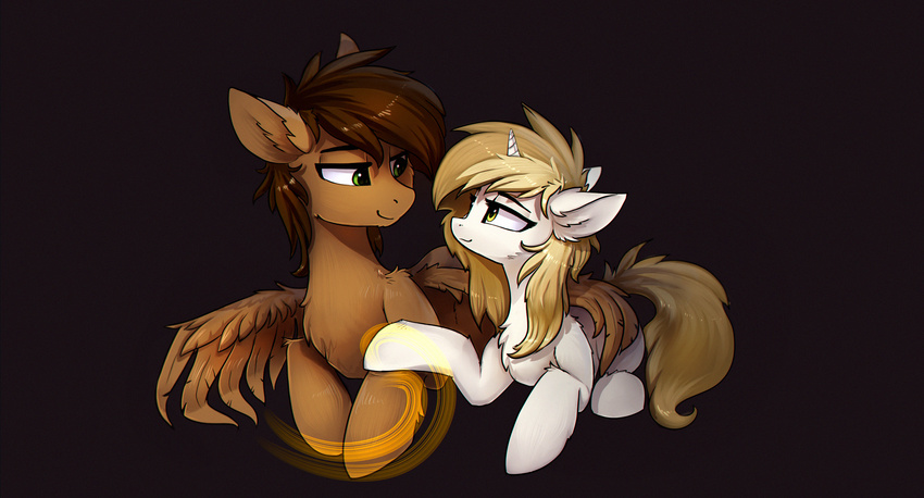 blonde_hair brown_feathers brown_fur brown_hair digital_media_(artwork) duo equine fan_character feathered_wings feathers female feral fur green_eyes hair hooves horn male mammal my_little_pony pegasus ramiras simple_background smile unicorn white_fur wings yellow_eyes