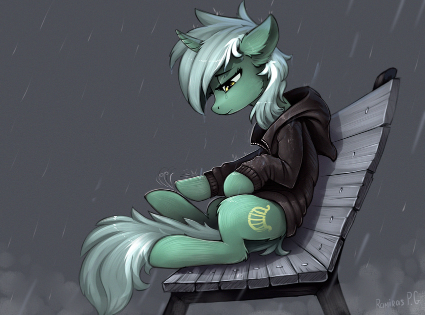 clothing digital_media_(artwork) equine female feral friendship_is_magic fur green_fur grey_background hair hoodie hooves horn lyra_heartstrings_(mlp) mammal my_little_pony raining ramiras simple_background sitting unicorn white_hair