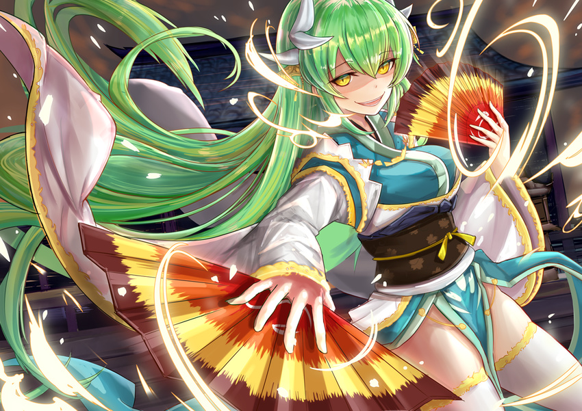 breasts commentary fan fate/grand_order fate_(series) green_eyes hair_ornament horns japanese_clothes kimono kiyohime_(fate/grand_order) long_hair looking_at_viewer medium_breasts multiple_horns obi sash solo thighs very_long_hair white_legwear yellow_eyes zhi_yu_(siro800102)