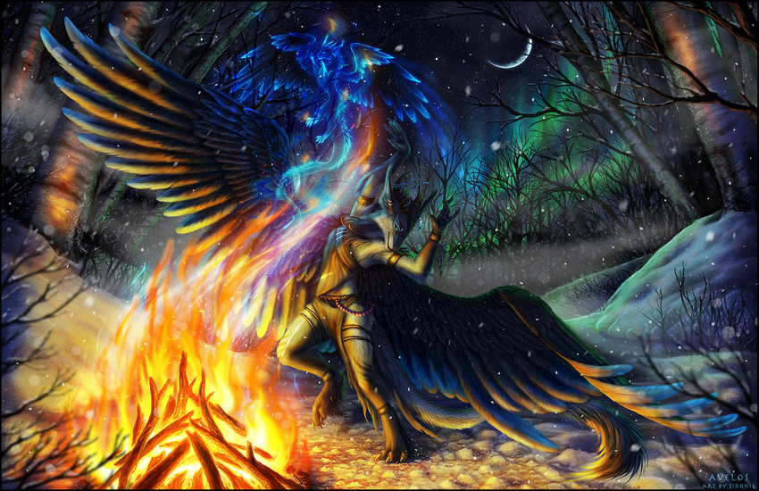 barefoot detailed_background digital_media_(artwork) digitigrade dragon duo feathered_dragon feathered_wings feathers fire moon night outside sidonie sky smile snow spirit standing star starry_sky wings