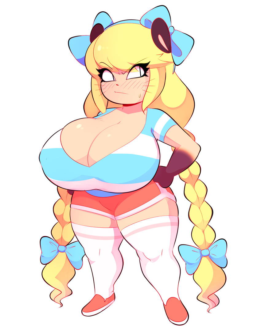 anthro big_breasts blush bow breasts cassie cleavage clothed clothing cosplay female footwear hands_on_hips huge_breasts legwear mammal mouse pigtails rodent shoes short_stack simple_background socks solo sweat sweatdrop theycallhimcake tiffy_cheesecake whiskers white_background young