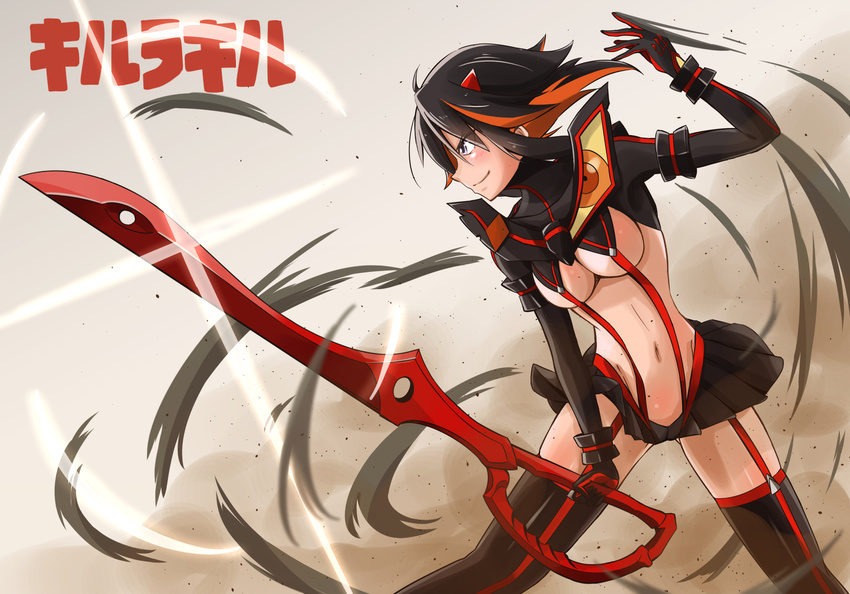 black_hair breasts cleavage gray_eyes kill_la_kill matoi_ryuuko navel orange_hair panikuru_yuuto short_hair skirt sword thighhighs weapon