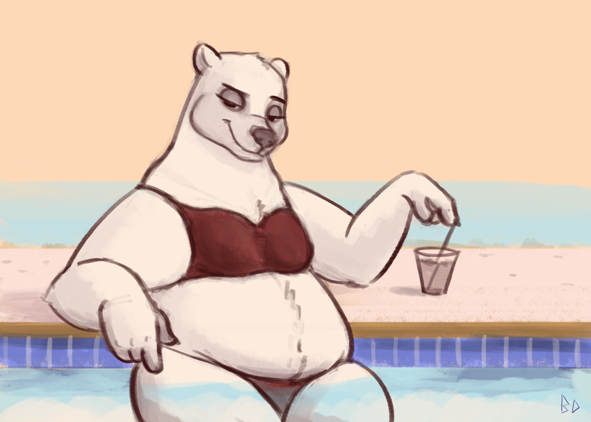 2017 anthro bear bedroom_eyes beverage bikini bluedouble clothed clothing cup disney female fur half-closed_eyes hi_res looking_at_viewer major_friedkin_(zootopia) mammal navel partially_submerged polar_bear seductive signature skimpy slightly_chubby smile solo swimming_pool swimsuit water white_fur zootopia