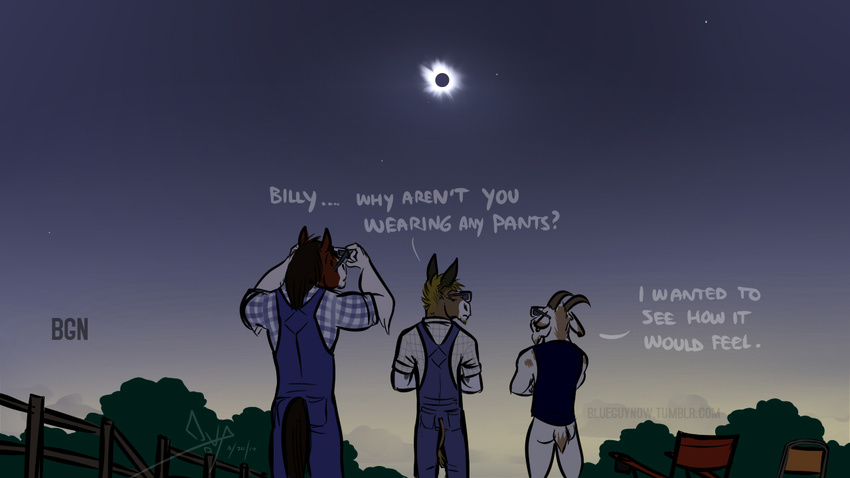 ... 2017 ? anthro bgn billy_(bgn) biped blue_clothing blue_shirt blue_topwear bottomless brown_fur brown_tail caprine chair clothed clothing dialogue digital_media_(artwork) donkey eclipse english_text equine fence fully_clothed fur furgonomics goat grey_horn group haw horn horse jeff_(bgn) male mammal multicolored_fur multicolored_tail outside overalls rear_view short_tail signature sky small_tail standing tail_clothing tail_tuft tan_fur tan_tail text tuft two_tone_fur two_tone_tail url white_fur white_tail