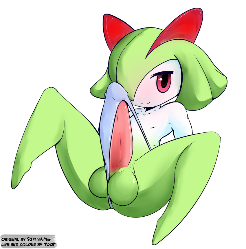 balls big_penis clothing girly kirlia looking_at_viewer male nintendo penis pok&eacute;mon pok&eacute;mon_(species) simple_background sitting smile solo somnamg thong toot underwear video_games white_background