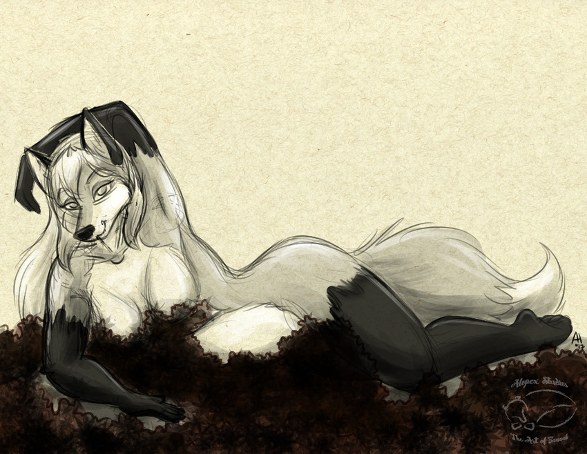 2017 alyx_(alyxvixen) anthro breasts canine convenient_censorship digital_media_(artwork) female fox gloves_(marking) greyscale inner_ear_fluff leaves looking_at_viewer lying mammal markings monochrome nude on_side simple_background sketch smile socks_(marking) solo zannah