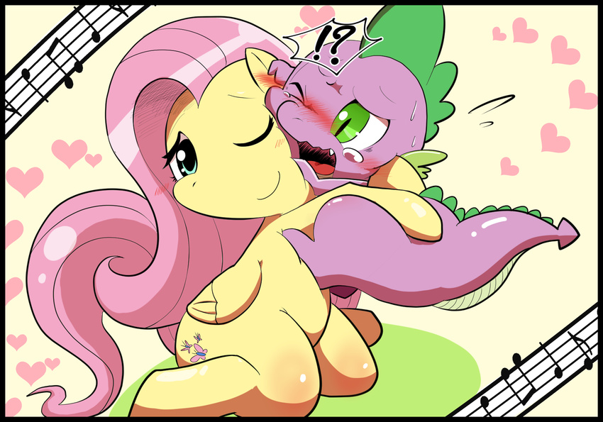 abstract_background age_difference blush dragon duo equine feathered_wings feathers female feral fluttershy_(mlp) friendship_is_magic larger_female m@rt male male/female mammal my_little_pony pegasus scalie simple_background size_difference smaller_male spike_(mlp) wings yellow_feathers