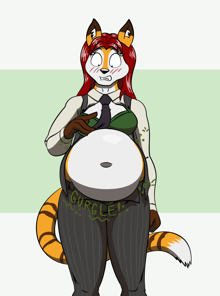 2017 americananomaly_(artist) anthro belly big_belly canine clothing deep_navel dog embarrassed feline female gurgle hair irish long_hair lynx lynxuki mammal navel necktie overweight riley_o'shane saluki solo stomach_noise stomach_noises stuffing suit