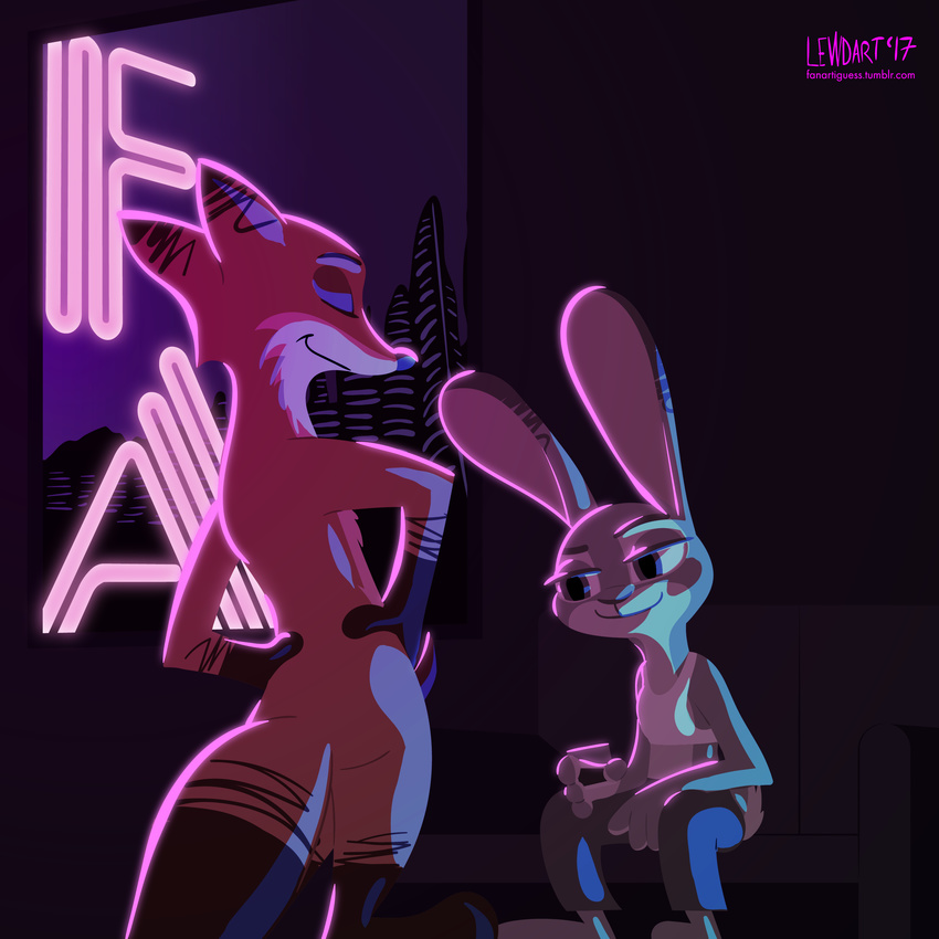 2017 absurd_res anthro barefoot beverage breasts canine clothed clothing dipstick_ears dipstick_tail disney duo erection eyes_closed fanartiguess fox gloves_(marking) halter_top hands_on_hips hi_res holding_object inside judy_hopps lagomorph mammal markings multicolored_tail nick_wilde nude pants penis purple_eyes rabbit rear_view shot_glass sign sitting small_breasts smile socks_(marking) sofa standing zootopia