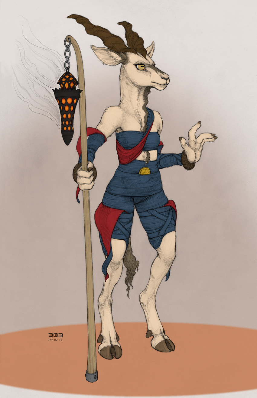 4_fingers anthro bandeau caprine chest_wraps clothed clothing cloven_hooves colored ecmajor edit female goat hi_res hooves horizontal_pupils horn lantern magic_the_gathering mammal solo staff wrappings wraps zedruu