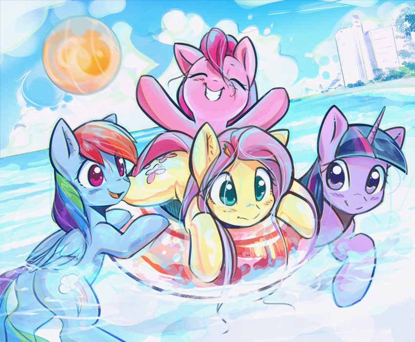 2017 beach blush building cloud cute cutie_mark earth_pony equine eyebrows eyelashes eyes_closed feathered_wings feathers female floating fluttershy_(mlp) friendship_is_magic hair hairclip happy horn horse inner_tube mammal mirroredsea multicolored_hair my_little_pony open_mouth outside pegasus pink_hair pinkie_pie_(mlp) pony purple_eyes rainbow_dash_(mlp) rainbow_hair seaside sky smile sun teal_eyes teeth twilight_sparkle_(mlp) water wet winged_unicorn wings