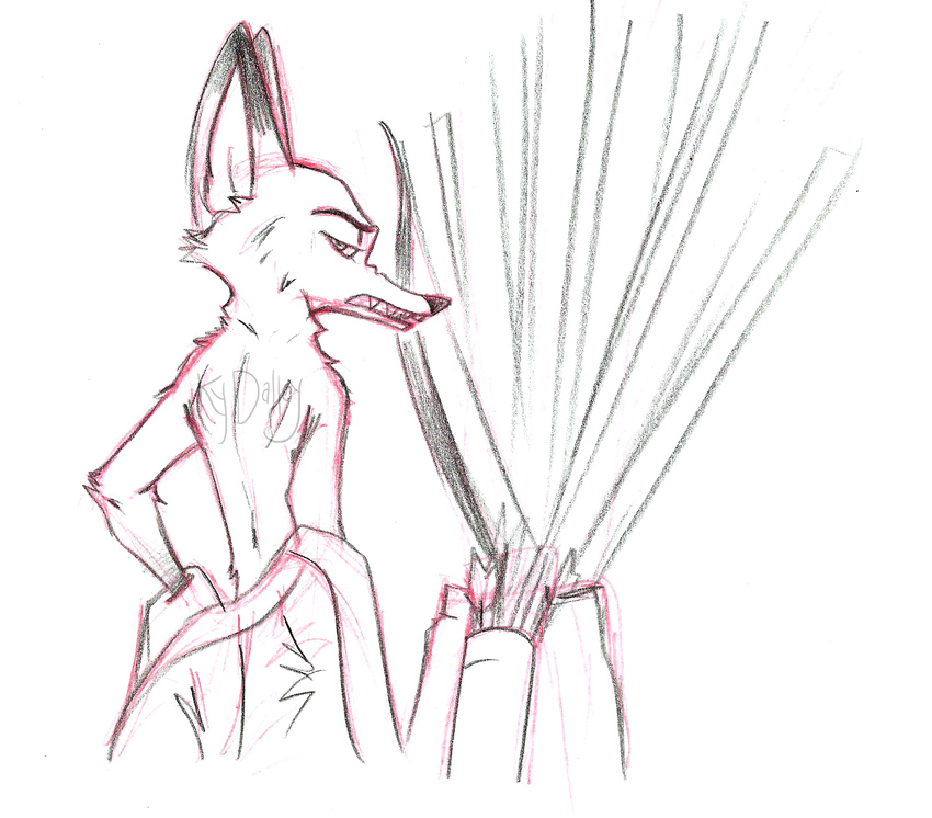 2016 anthro arrow black_nose bow_(weapon) canine clothing dipstick_ears disney fangs fox hi_res japanese_clothing ky-jane looking_aside looking_at_viewer mammal mulan_(copyright) nick_wilde quiver ranged_weapon signature simple_background solo traditional_media_(artwork) watermark weapon white_background zootopia