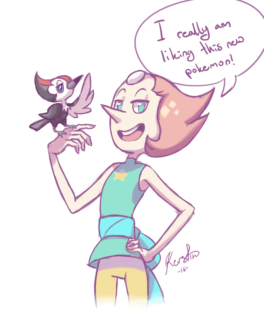 2016 alien avian beak bird blue_eyes cartoon_network clothed clothing crossover dialogue duo english_text eviart female forehead_gem gem_(species) hair hi_res humanoid nintendo open_mouth pearl_(steven_universe) pikipek pink_hair pok&eacute;mon pok&eacute;mon_(species) simple_background size_difference smile speech_bubble steven_universe text video_games white_background