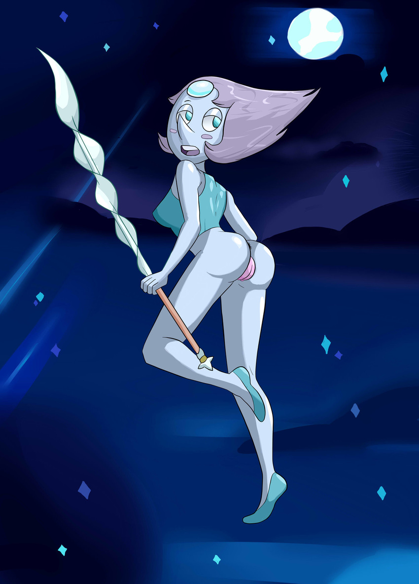 2017 alien blue_eyes blush bottomless butt cartoon_network chippo clothed clothing female gem gem_(species) hair half-closed_eyes humanoid long_hair looking_back night night_sky not_furry outside pearl_(steven_universe) pussy solo standing steven_universe