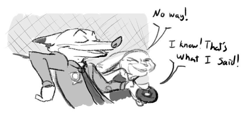 2016 anthro canine clothed clothing dialogue disney doughnut dravening duo english_text eyes_closed female food fox fur greyscale holding_food holding_object judy_hopps lagomorph laugh male mammal monochrome necktie nick_wilde police police_uniform rabbit red_fox simple_background sketch text uniform zootopia