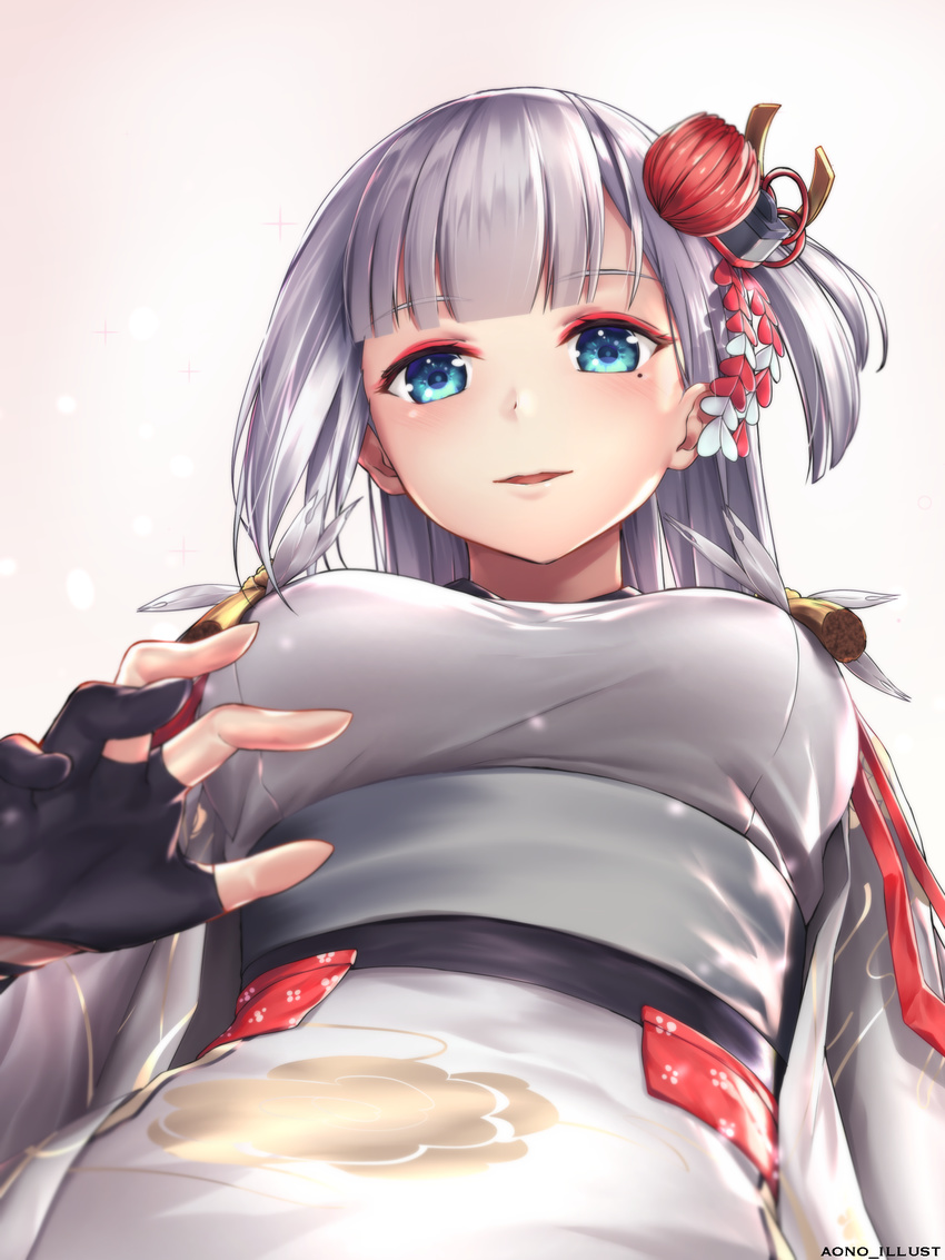 aono_meri artist_name azur_lane bangs black_gloves blue_eyes blunt_bangs blush breasts commentary_request eyebrows_visible_through_hair eyeshadow gloves hair_ornament highres japanese_clothes kimono lap_pillow large_breasts light_particles long_hair looking_at_viewer makeup mole mole_under_eye open_mouth partly_fingerless_gloves reaching_out shoukaku_(azur_lane) sidelocks silver_hair simple_background smile solo sparkle tareme tassel wide_sleeves