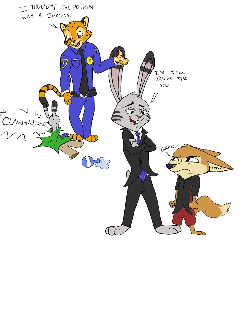 2016 4_fingers absurd_res annoyed anthro benjamin_clawhauser black_nose brown_eyes canine cheetah clothed clothing crossed_arms dialogue disney english_text feline fennec finnick fox fur grey_fur hi_res hidden_mickey inner_ear_fluff jack_savage lagomorph looking_at_another looking_down male mammal necktie open_mouth open_smile orange_fur oversized_clothing police_uniform quirky-middle-child rabbit simple_background smile smug spots spotted_fur striped_tail stripes suit tan_fur text uniform white_background zootopia