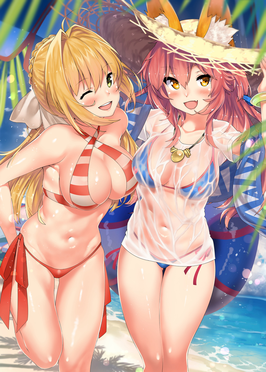 animal_ears bikini caster_(fate/extra) cleavage fate/grand_order kawai_(purplrpouni) saber_extra see_through swimsuits wet_clothes