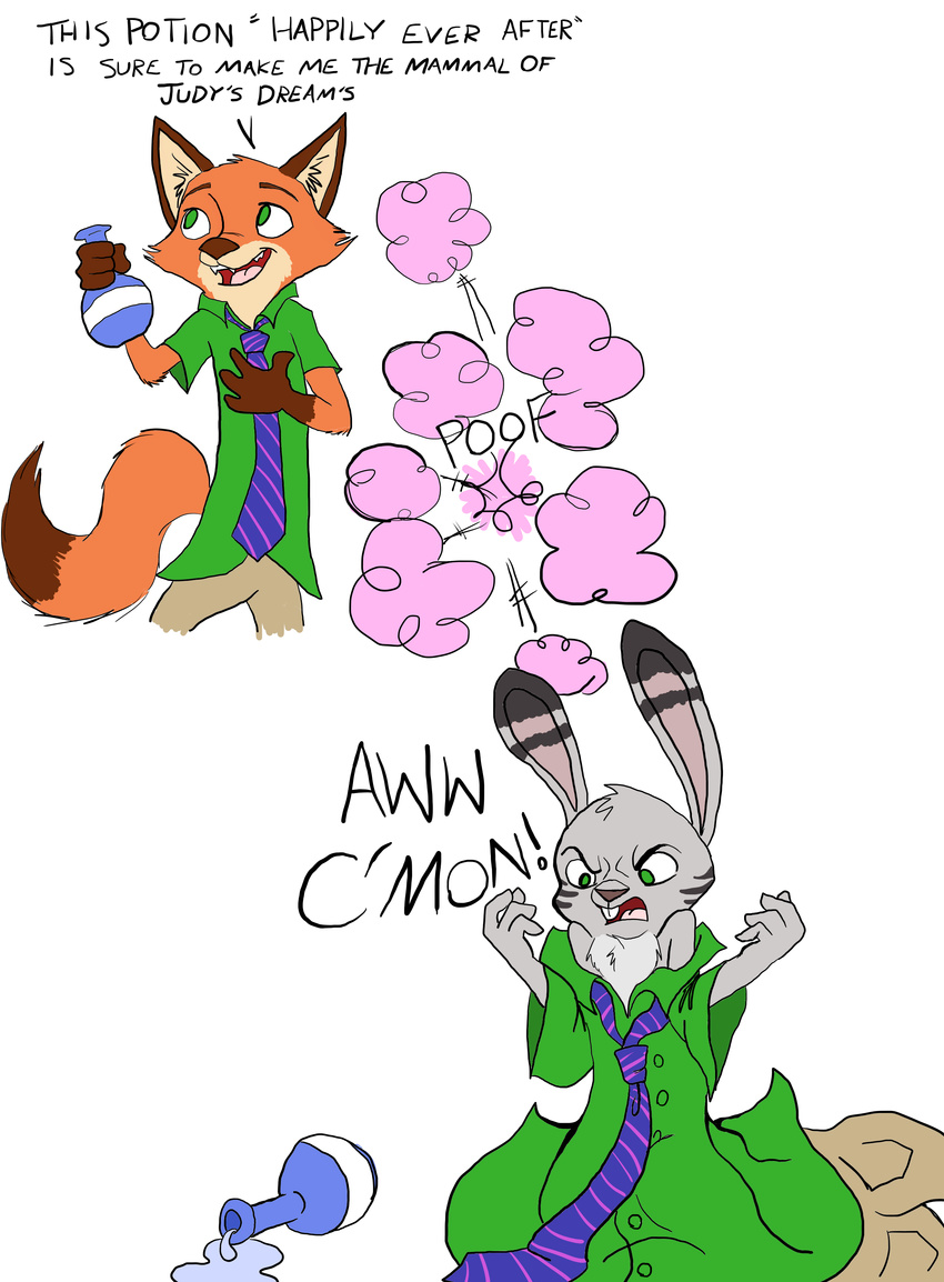 2016 4_fingers absurd_res annoyed anthro bottle canine clothed clothing d:&lt; dialogue dipstick_ears dipstick_tail disney english_text fox fur green_eyes grey_fur hi_res holding_bottle holding_object jack_savage lagomorph magic male mammal multicolored_tail necktie nick_wilde open_frown orange_fur oversized_clothing potion quirky-middle-child rabbit simple_background spill text white_background zootopia