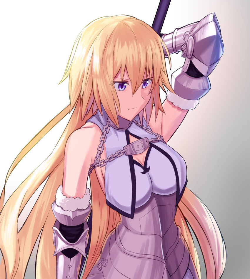 armor armored_dress blonde_hair blue_eyes breasts chain cleavage detached_sleeves dress eyebrows_visible_through_hair fate/apocrypha fate_(series) gradient gradient_background grey_background hair_between_eyes highres holding jeanne_d'arc_(fate) jeanne_d'arc_(fate)_(all) large_breasts long_hair nyorotono sideboob sleeveless sleeveless_dress solo upper_body very_long_hair