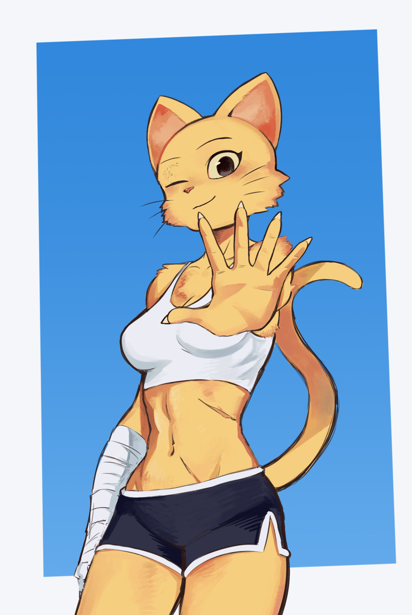 2017 5_fingers anthro bandage breasts claws cleavage clothed clothing digital_media_(artwork) feline female fur gym_shirts hi_res katia_managan khajiit looking_at_viewer mammal midriff navel olddelhi54 one_eye_closed pose prequel scar shirt simple_background smile solo standing tank_top the_elder_scrolls video_games whiskers wink yellow_fur