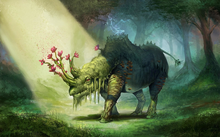 16:10 flora_fauna flower forest grass mammal moss mushroom plant plant_antlers rhinoceros steam sunbeam tree unknown_artist