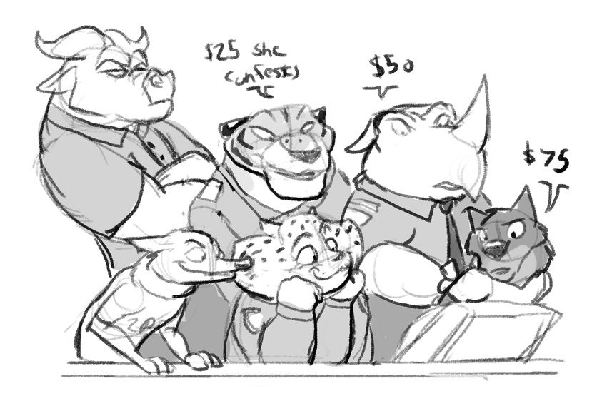 2016 anthro benjamin_clawhauser bovine buffalo canine cheetah chief_bogo clothing comic dialogue disney dravening feline fur greyscale group hand_on_head male mammal monochrome necktie officer_fangmeyer officer_mchorn police police_uniform shirt simple_background sketch t-shirt tiger uniform wolf wolford zootopia