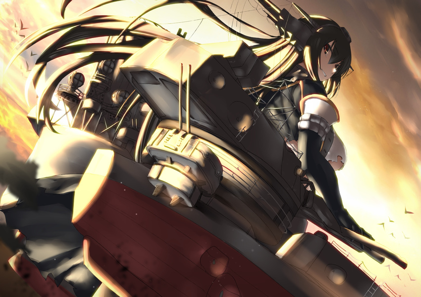 bird black_hair bodysuit breasts cannon cloud commentary_request day eyebrows_visible_through_hair grin gun hair_between_eyes headgear highres kantai_collection ladder large_breasts long_hair looking_at_viewer looking_back machinery nagato_(kantai_collection) parted_lips railing red_eyes remodel_(kantai_collection) rigging searchlight smile solo sunset torn_clothes tsuuhan turret underboob upper_body weapon