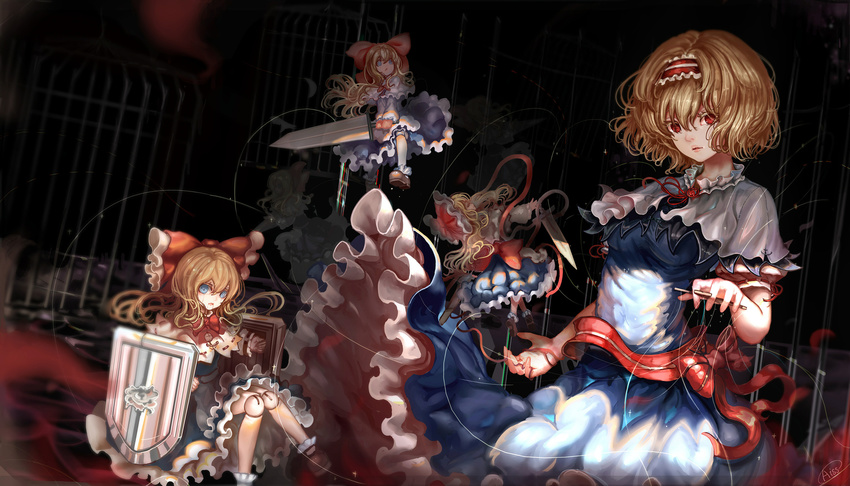 alice_margatroid armor blonde_hair blue_eyes bow cage dark doll headband kiyomasa_ren long_hair mage red_eyes shanghai_doll short_hair signed sword touhou weapon