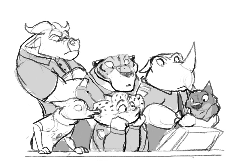2016 anthro anticipation benjamin_clawhauser bovine buffalo canine cheetah chief_bogo clothing comic crossed_arms disney dravening feline fur greyscale group hand_on_head hi_res male mammal monochrome officer_fangmeyer officer_mchorn police police_uniform simple_background sketch tiger uniform white_background wolf wolford zootopia