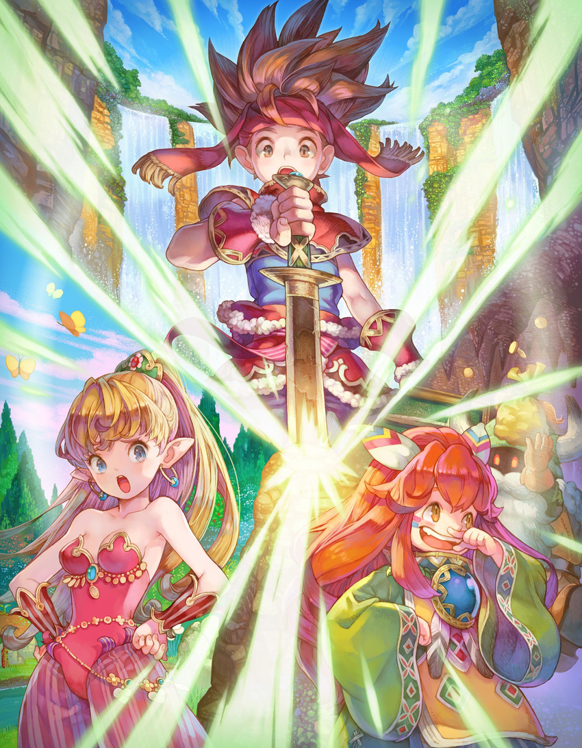 1other 2boys absurdres blonde_hair blue_sky breasts brown_hair cleavage commentary earrings glowing haccan hands_on_hips highres jewelry long_hair looking_at_viewer medium_breasts multiple_boys official_art open_mouth pointy_ears ponytail popoi primm randi seiken_densetsu seiken_densetsu_2 sky spiked_hair square_enix sword water waterfall weapon